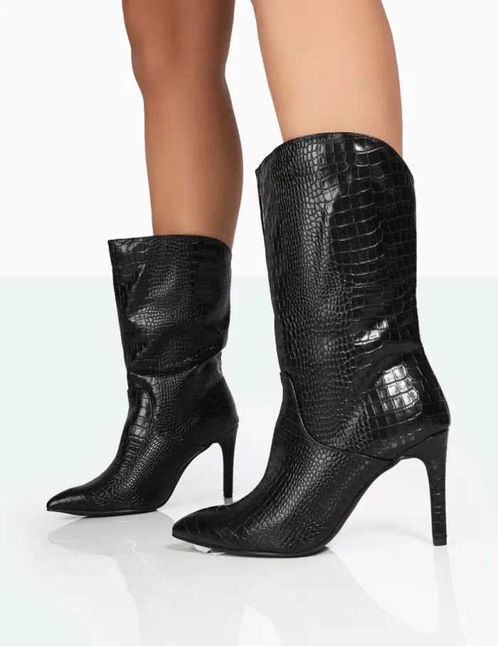 Women Lisel Wide Fit Black PU Pointed Toe Heeled Ankle Boots Black Public Desire Heeled Boots