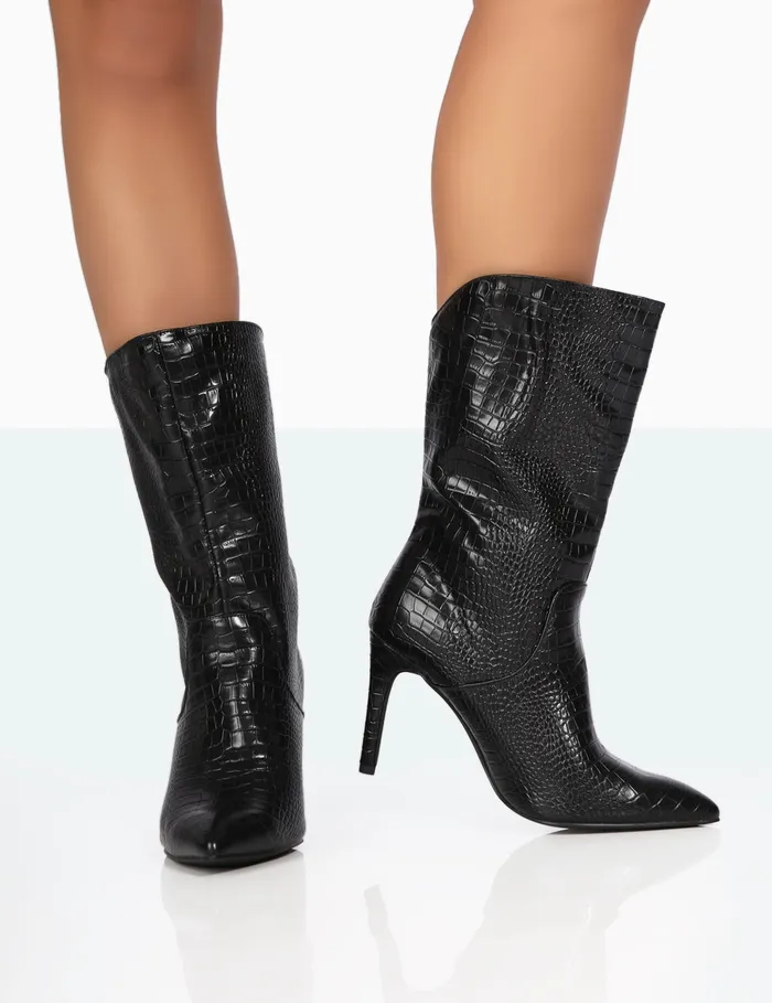 Women Lisel Wide Fit Black PU Pointed Toe Heeled Ankle Boots Black Public Desire Heeled Boots