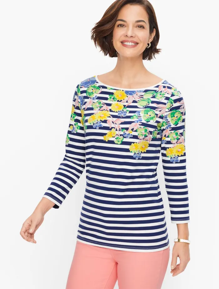 Women Long and 34 Sleeve Talbots Classic Bateau Neck Tee India Ink Multi