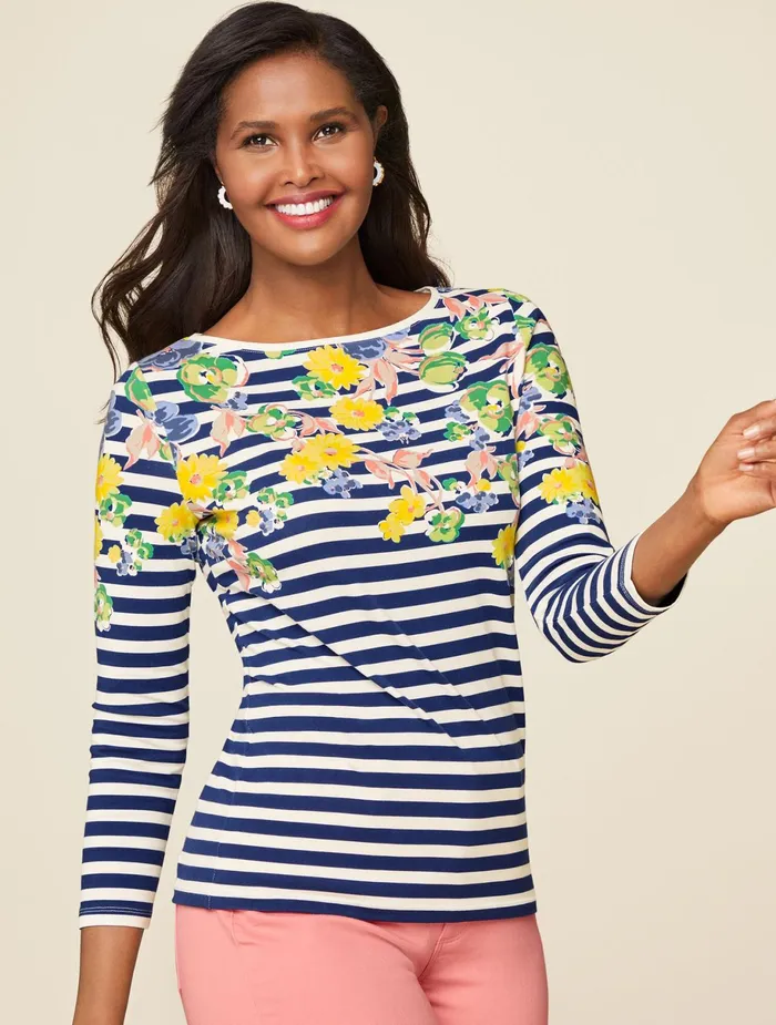Women Long and 34 Sleeve Talbots Classic Bateau Neck Tee India Ink Multi