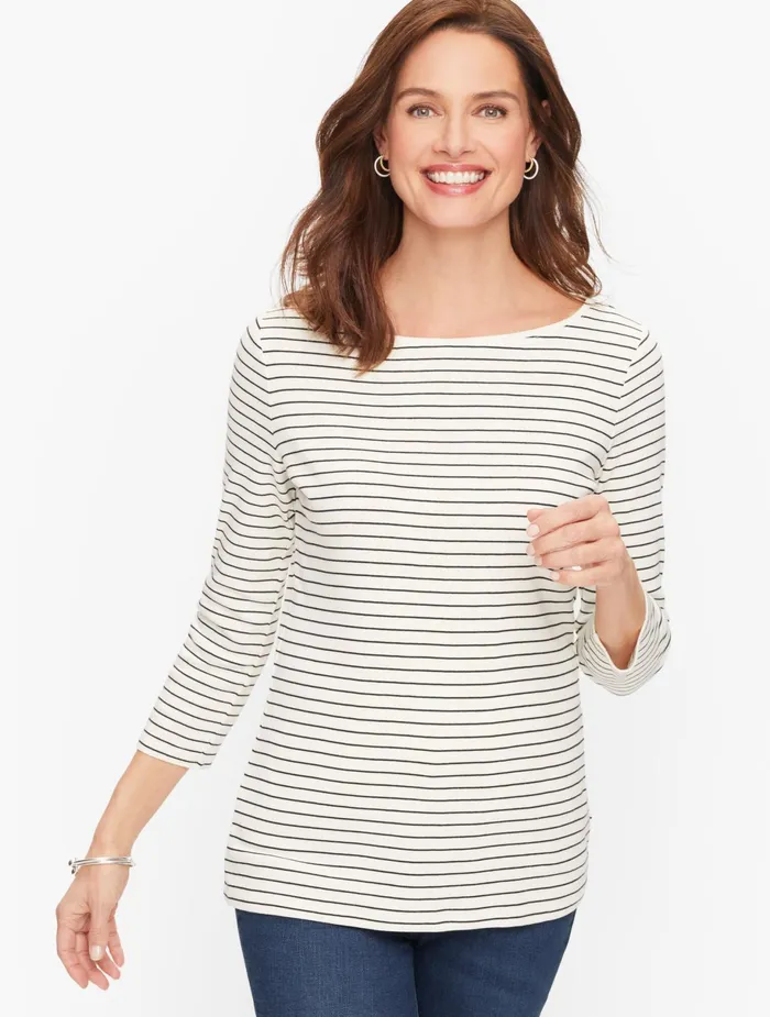 Women Long and 34 Sleeve Talbots Classic Cotton Bateau Neck Tee Ivoryblack