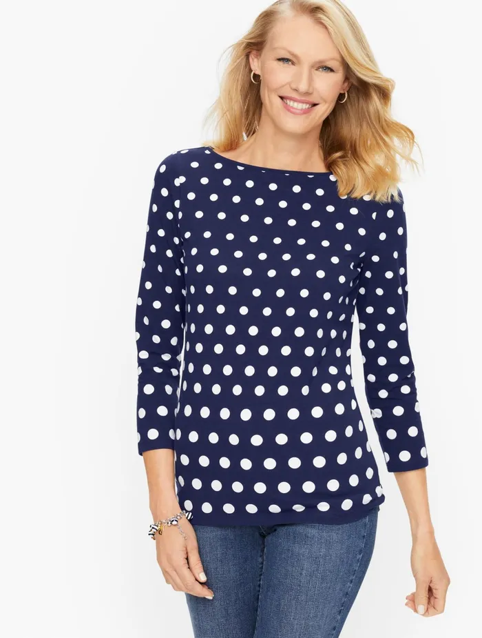Women Long and 34 Sleeve Talbots Cotton Bateau Neck Tee India Ink Dot