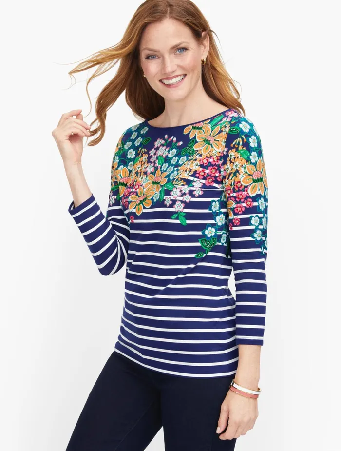 Women Long and 34 Sleeve Talbots Cotton Bateau Neck Tee India Ink Multi
