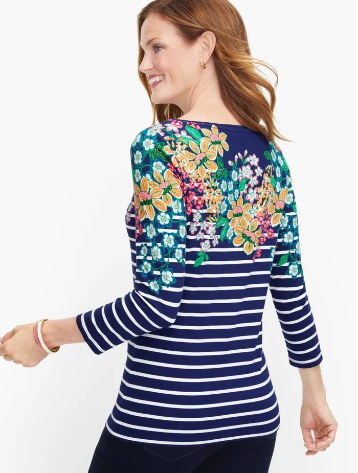 Women Long and 34 Sleeve Talbots Cotton Bateau Neck Tee India Ink Multi