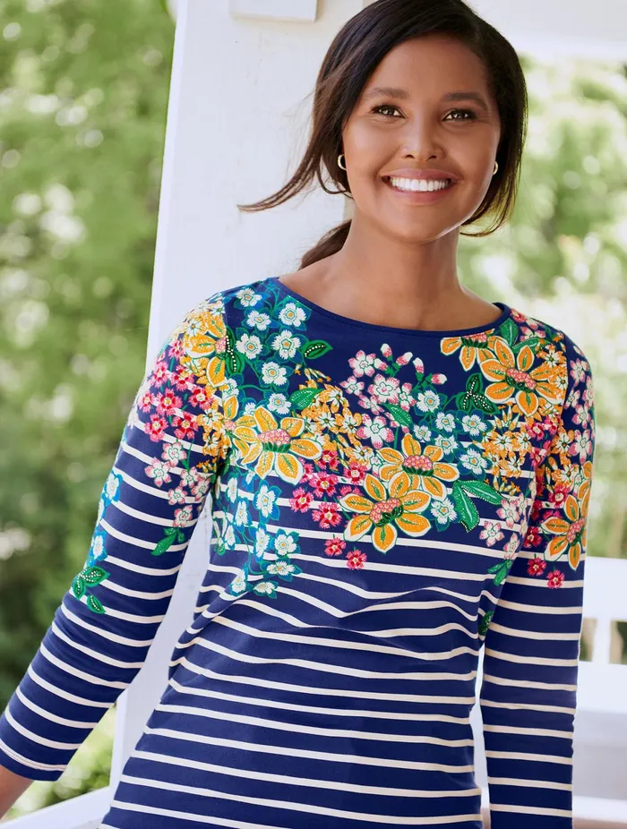 Women Long and 34 Sleeve Talbots Cotton Bateau Neck Tee India Ink Multi