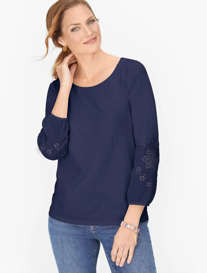 Women Long and 34 Sleeve Talbots Cotton Eyelet Detail Tee Indigo Blue