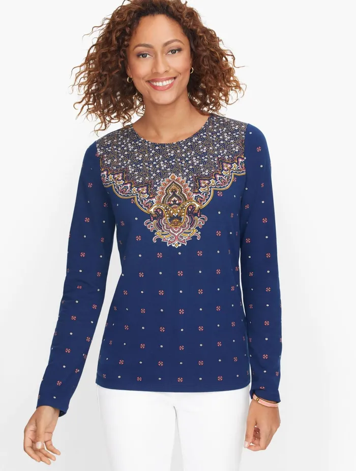 Women Long and 34 Sleeve Talbots Crewneck Cotton Tee India Ink