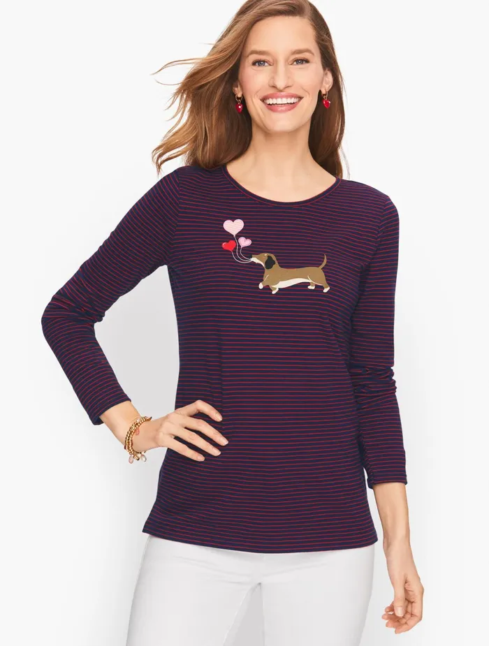 Women Long and 34 Sleeve Talbots Embellished Dog Long Sleeve Tee Indigo Multi