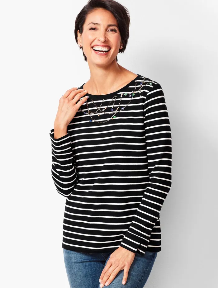 Women Long and 34 Sleeve Talbots Embellished LongSleeve Stripe Tee Blackivory
