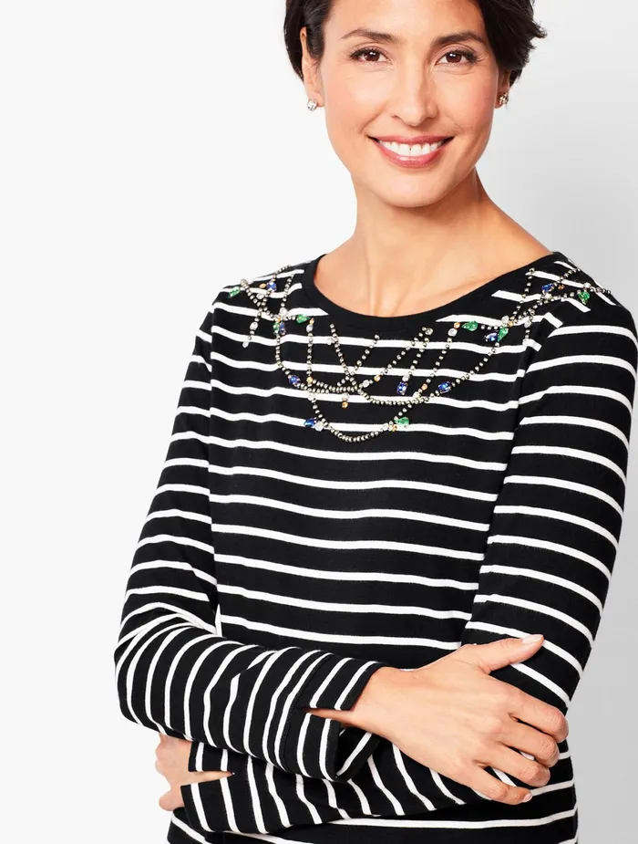 Women Long and 34 Sleeve Talbots Embellished LongSleeve Stripe Tee Blackivory