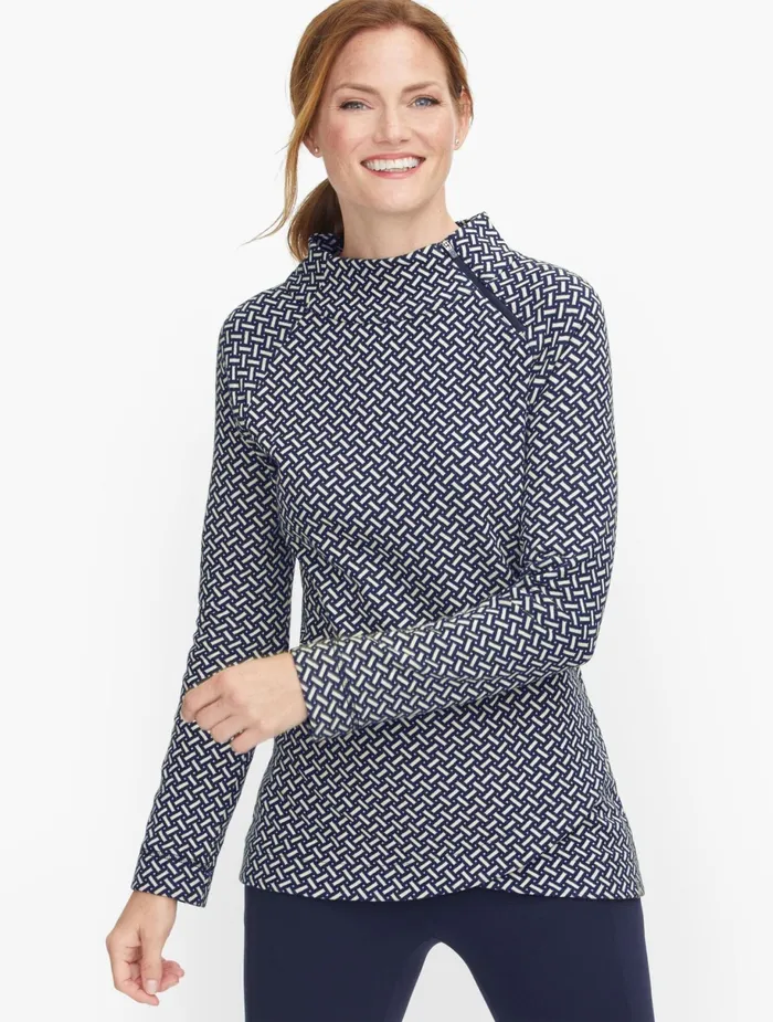 Women Long and 34 Sleeve Talbots Geo Print Zip Mockneck Top Indigo Multi