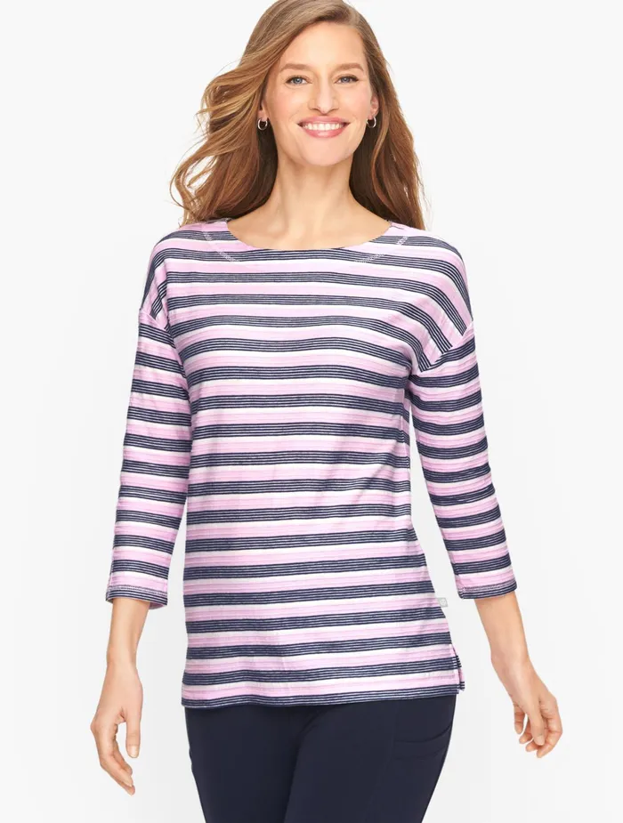 Women Long and 34 Sleeve Talbots Getaway Stripe Tee Fragrant Lilac Multi