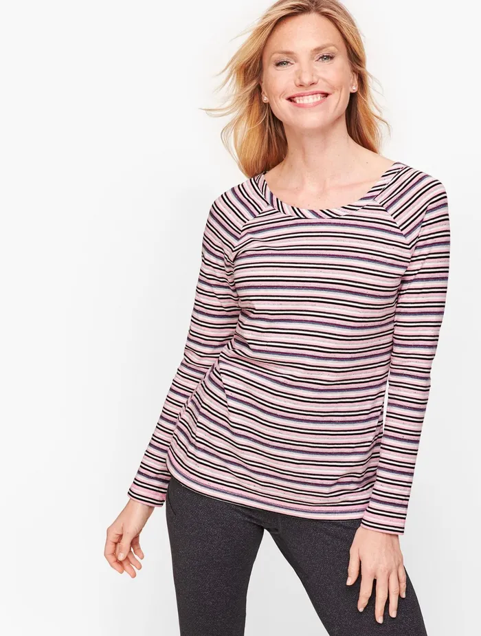 Women Long and 34 Sleeve Talbots Happy Stripe Tee Pink Quartz