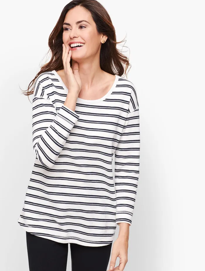 Women Long and 34 Sleeve Talbots Mixed Stripe Back Cutout Top Indigo Blue