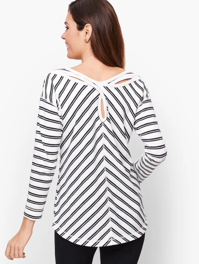 Women Long and 34 Sleeve Talbots Mixed Stripe Back Cutout Top Indigo Blue