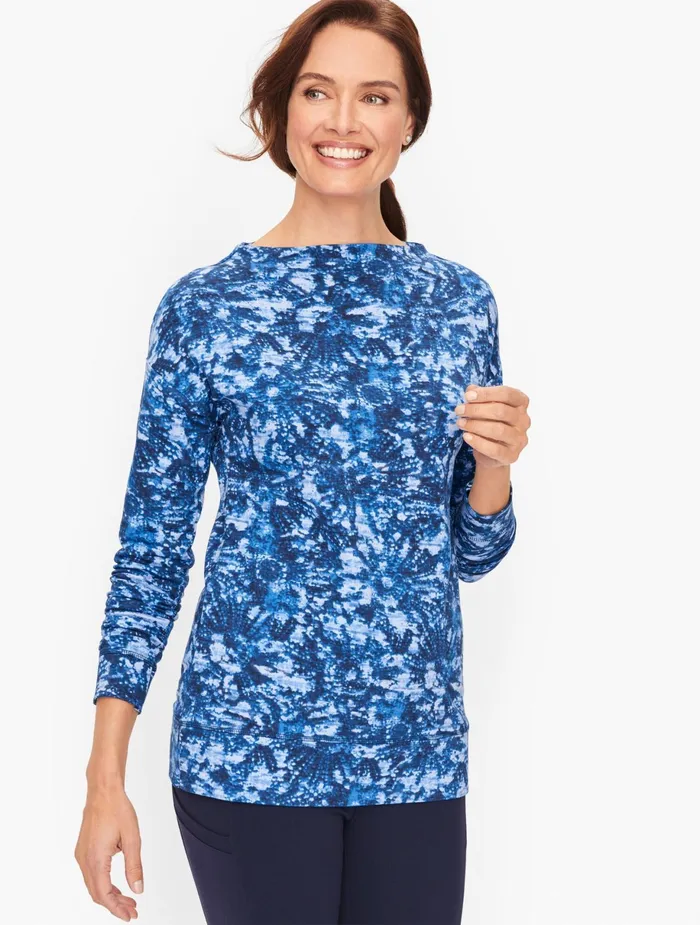 Women Long and 34 Sleeve Talbots Mockneck Soft Floral Top Indigo Multi