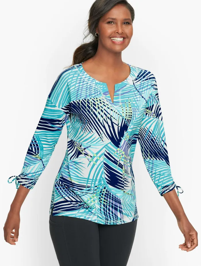 Women Long and 34 Sleeve Talbots Painted Fronds Split Neck Pullover White Multi