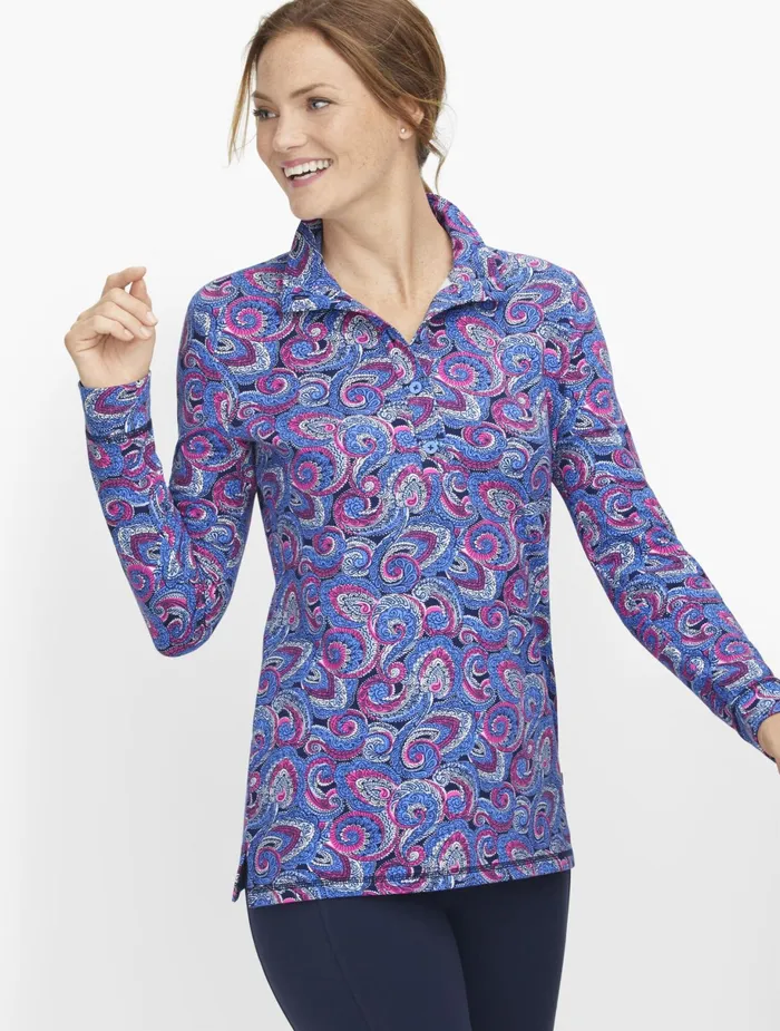 Women Long and 34 Sleeve Talbots Paisley Button Placket Pullover India Ink Multi