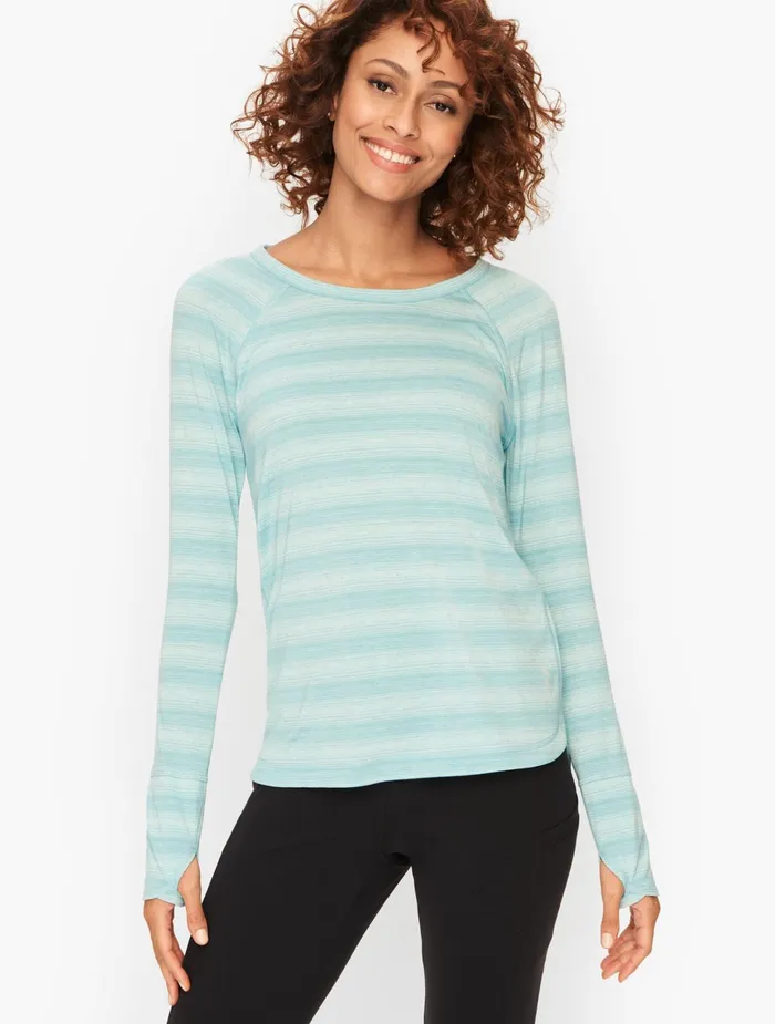 Women Long and 34 Sleeve Talbots Pleated Open Back Top Salt Blue Stripe
