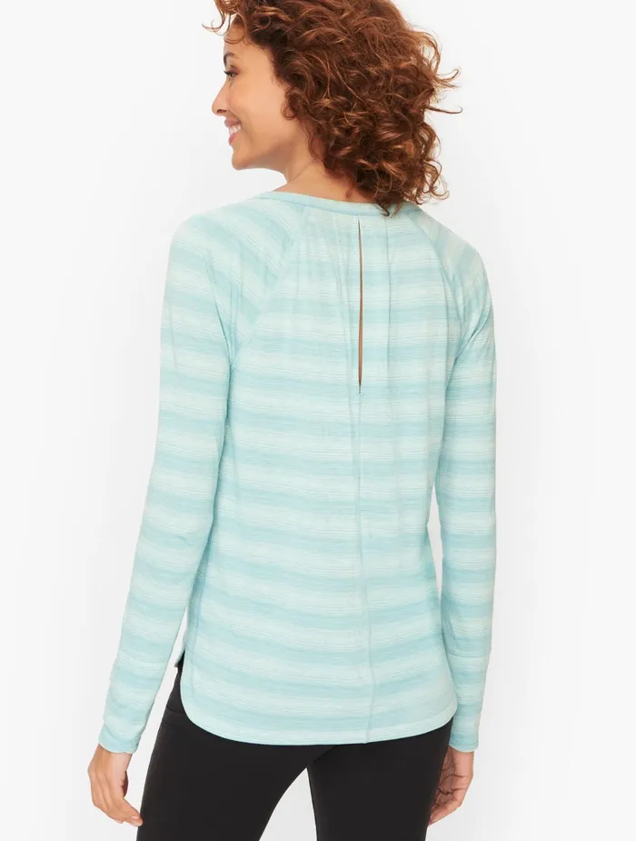 Women Long and 34 Sleeve Talbots Pleated Open Back Top Salt Blue Stripe