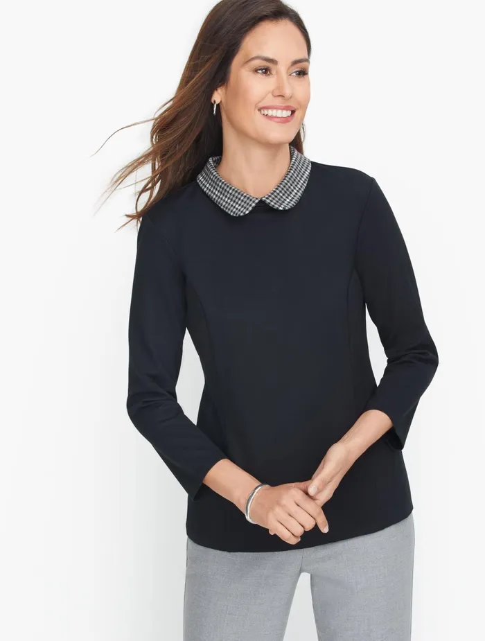 Women Long and 34 Sleeve Talbots Ponte Plaid Collar Top