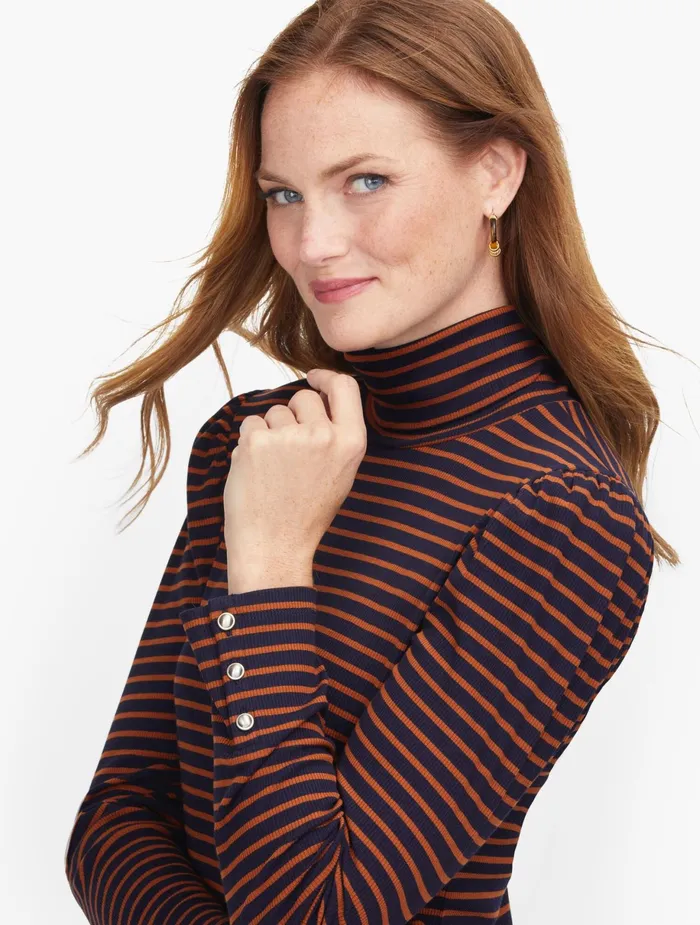Women Long and 34 Sleeve Talbots Ribbed Stripe Turtleneck Indigospice