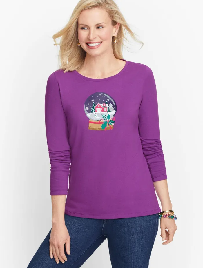 Women Long and 34 Sleeve Talbots Snow Globe Tee Sparkling Grape