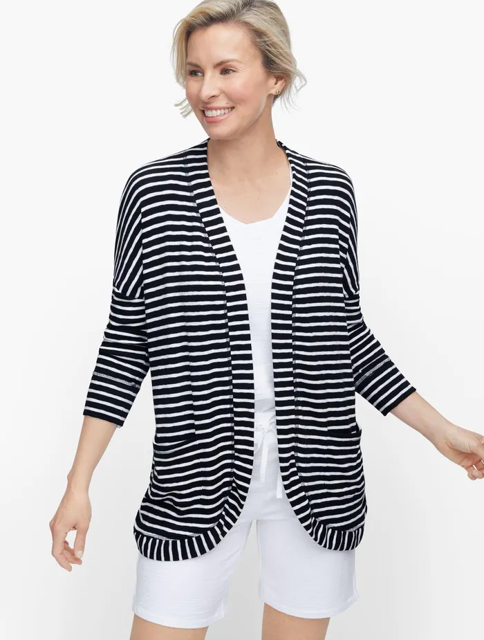 Women Long and 34 Sleeve Talbots Soft French Terry Open Cardigan Blackwhite