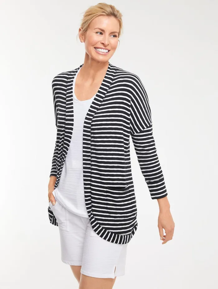 Women Long and 34 Sleeve Talbots Soft French Terry Open Cardigan Blackwhite