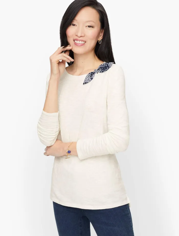 Women Long and 34 Sleeve Talbots Tie Neck Crewneck Top Ivory