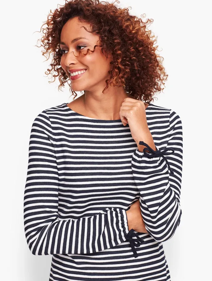 Women Long and 34 Sleeve Talbots Tie Sleeve Stripe Top Indigoivory