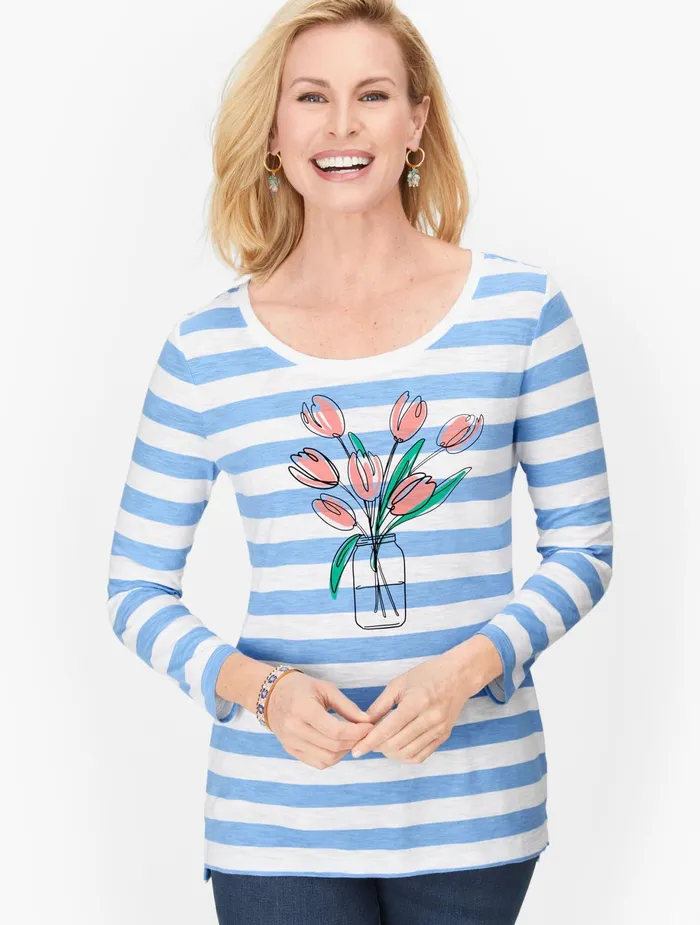 Women Long and 34 Sleeve Talbots Tulips Stripe Tee Vista Blue Multi