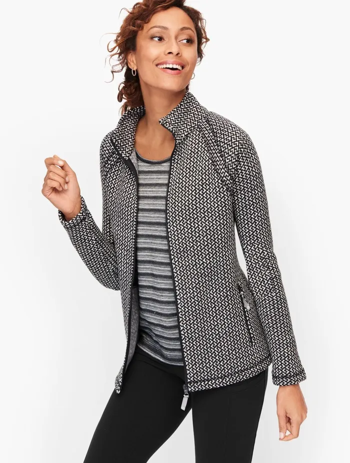 Women Long and 34 Sleeve Talbots Zig Zag Stand Collar Jacket Blackwhite