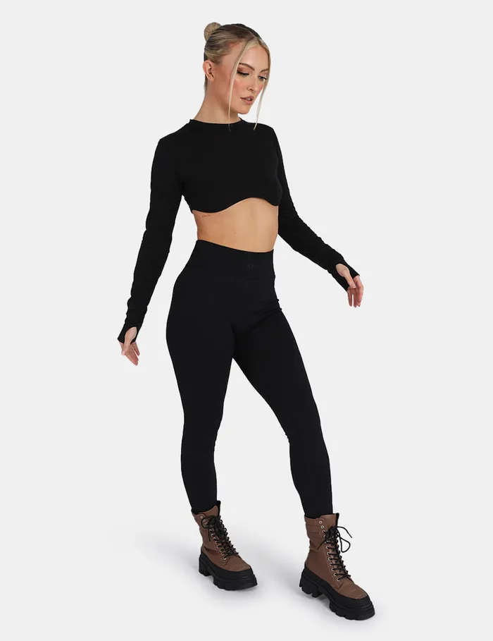Women Long Sleeve Underbust Crop Top Black Kaiia Black Public Desire Tops