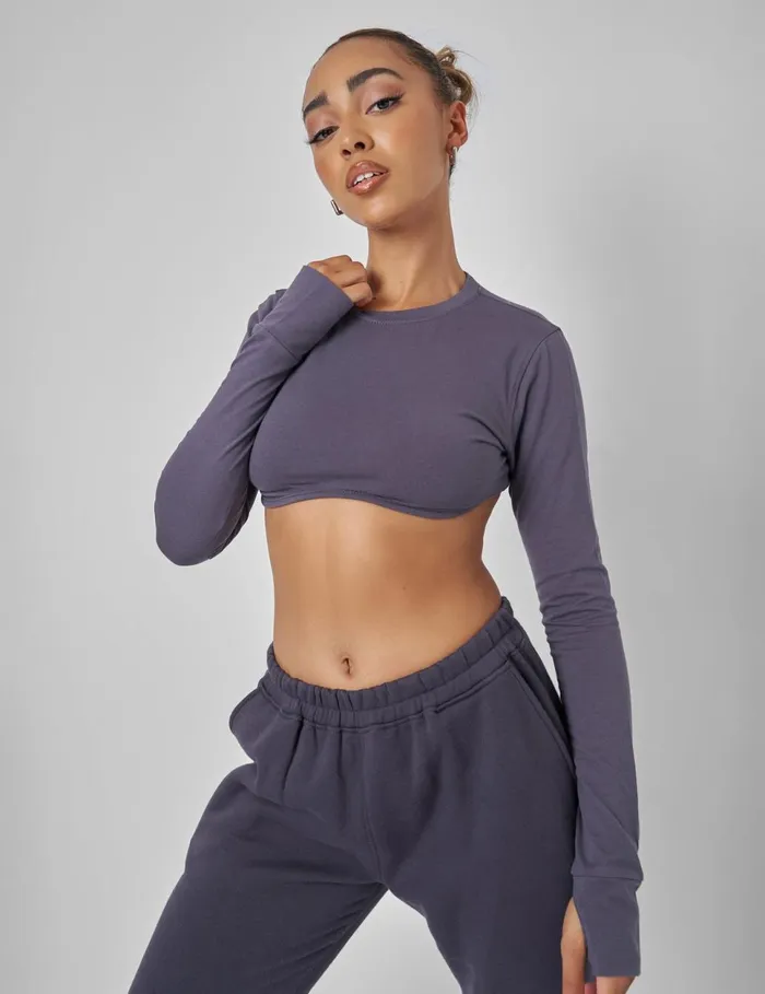 Women Long Sleeve Underbust Crop Top Dark Grey Grey Public Desire Tracksuit