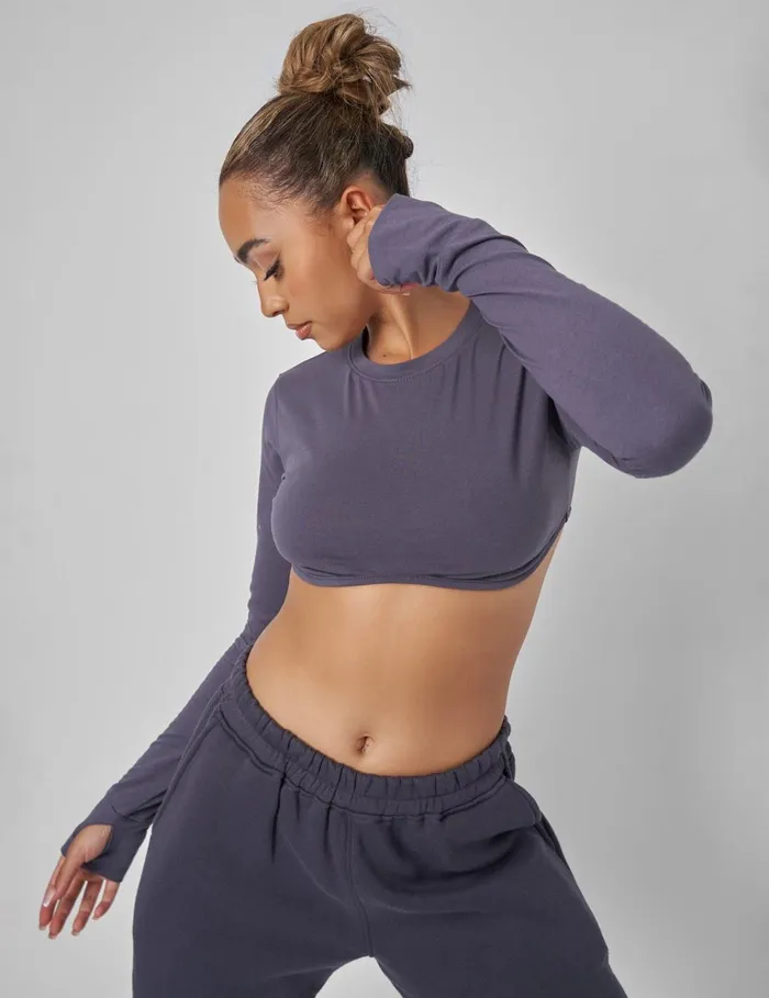 Women Long Sleeve Underbust Crop Top Dark Grey Grey Public Desire Tracksuit
