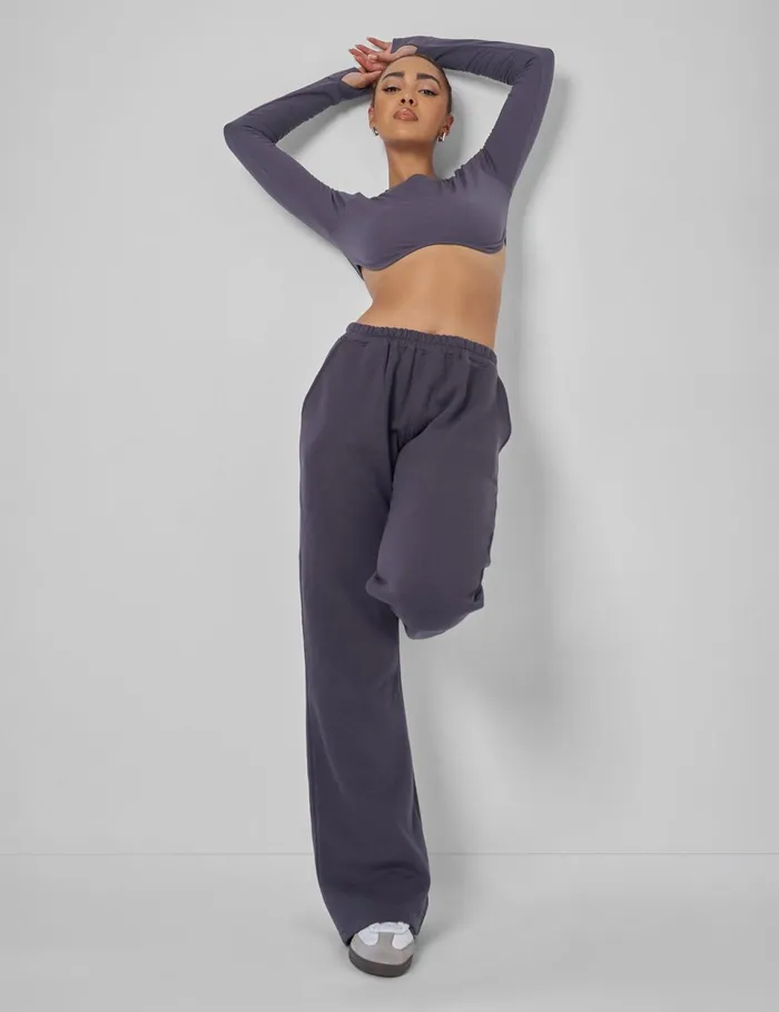 Women Long Sleeve Underbust Crop Top Dark Grey Grey Public Desire Tracksuit