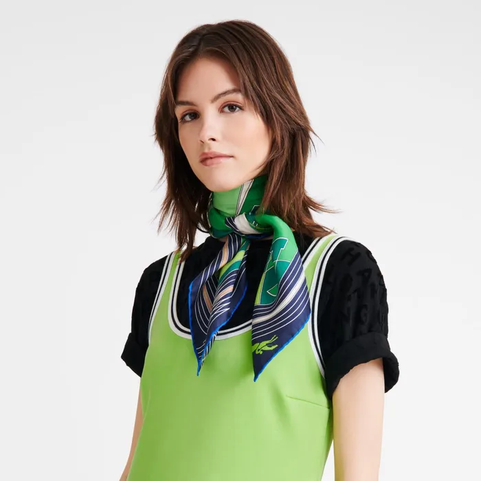 Women Longchamp League Silk Scarf 90 Green Longchamp Silk Scarves