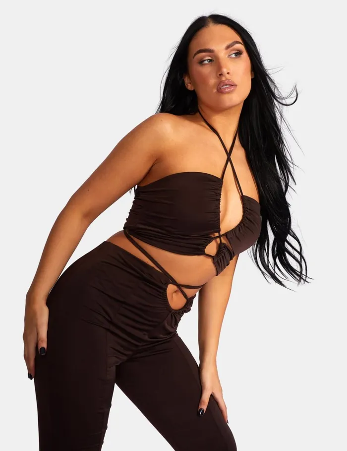 Women Loop Ruched High Waist Split Trousers Chocolate Kaiia Brown Public Desire Two Piece Sets