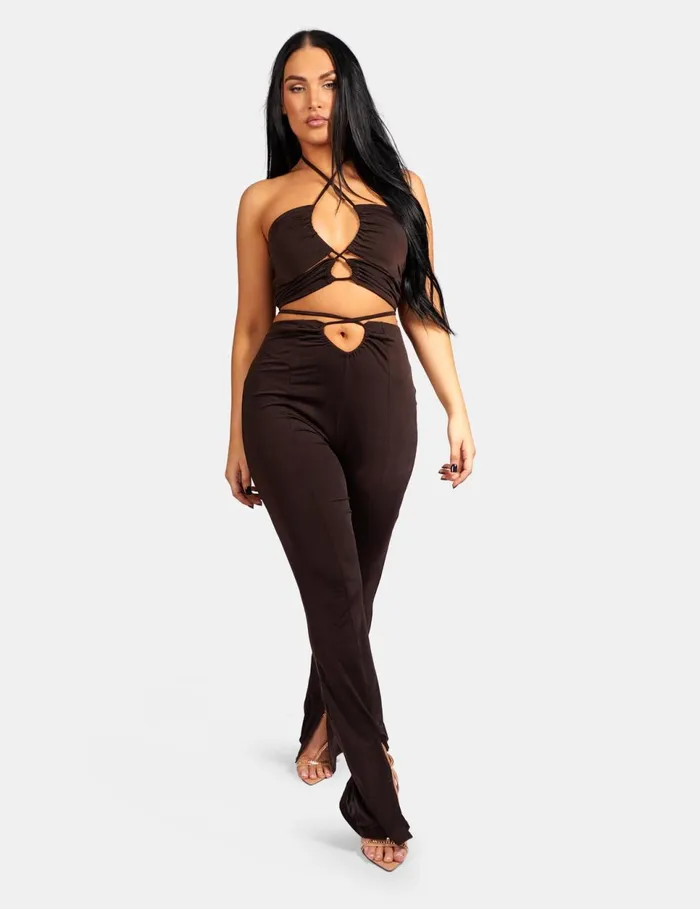 Women Loop Ruched High Waist Split Trousers Chocolate Kaiia Brown Public Desire Two Piece Sets