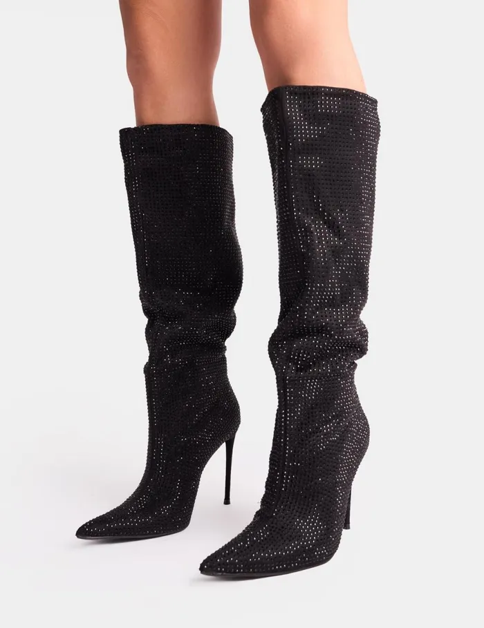 Women Lothario Black Diamante Knee High Boots Black Public Desire Knee High Boots