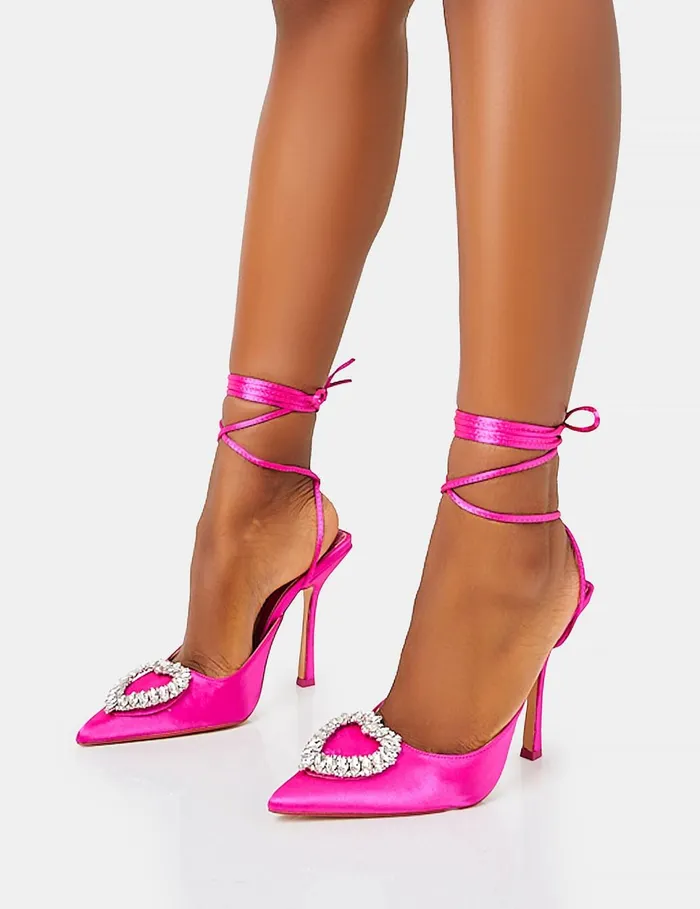 Women Lover Hot Pink Satin Love Heart Diamante Broach Slingback Lace Up Pointed Toe Stiletto Heels Pink Public Desire Metallics