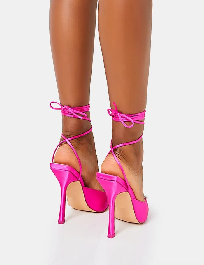 Women Lover Hot Pink Satin Love Heart Diamante Broach Slingback Lace Up Pointed Toe Stiletto Heels Pink Public Desire Metallics