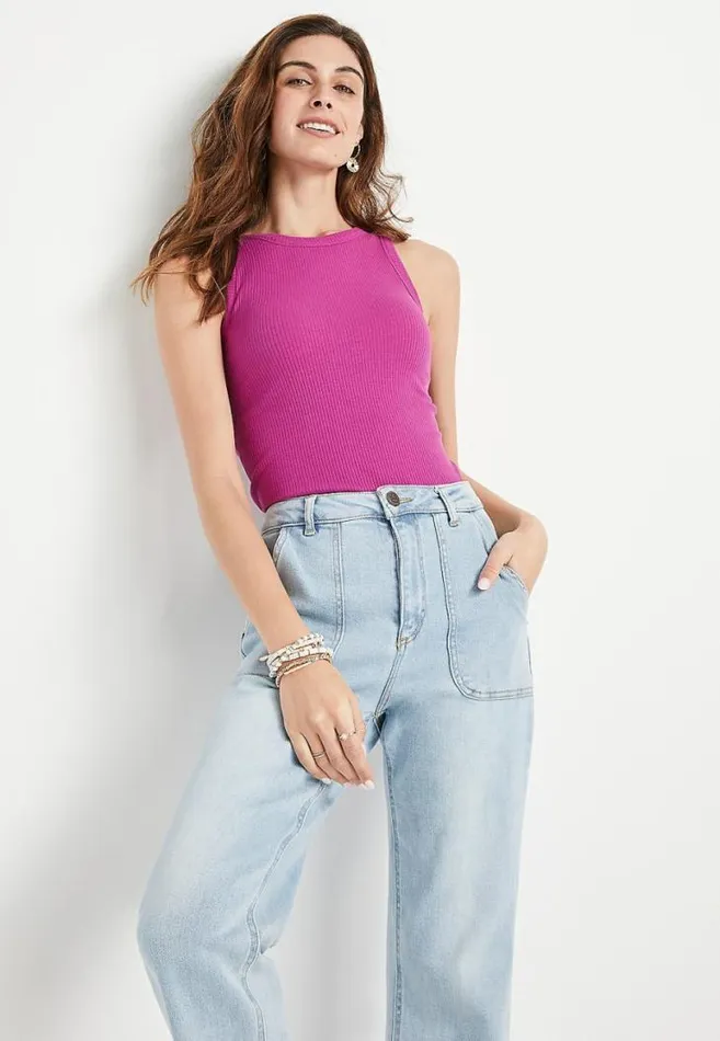 Women Magenta High Neck Fitted Ribbed Tank Top Maurices Tops