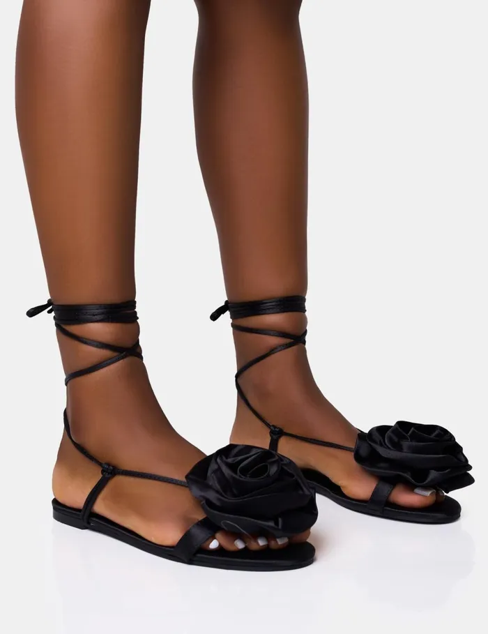 Women Magnolia Black Flower Lace Up Flat Sandals Black Public Desire Holiday
