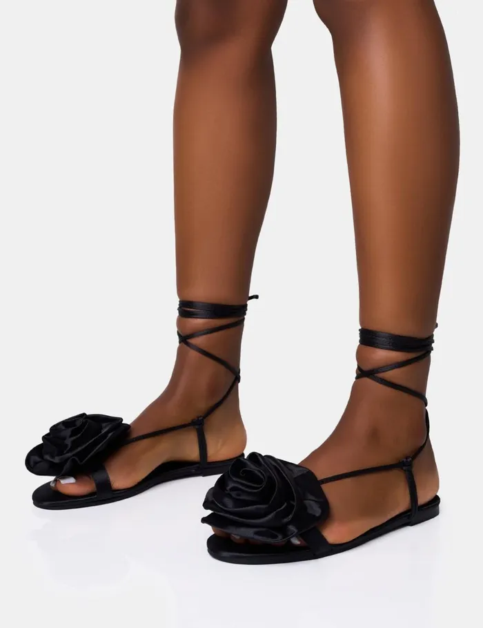Women Magnolia Black Flower Lace Up Flat Sandals Black Public Desire Holiday