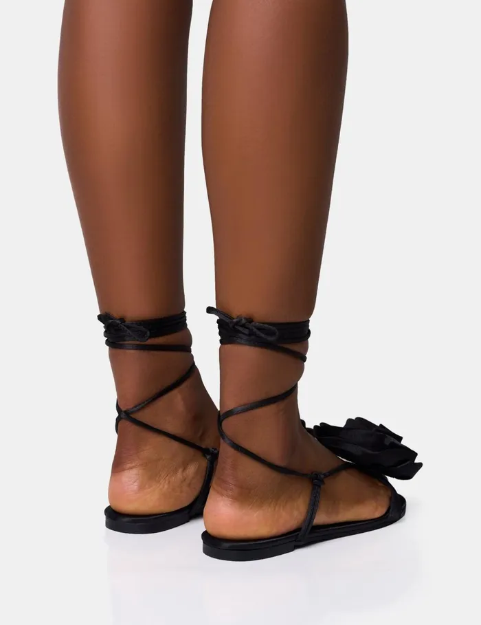 Women Magnolia Black Flower Lace Up Flat Sandals Black Public Desire Holiday