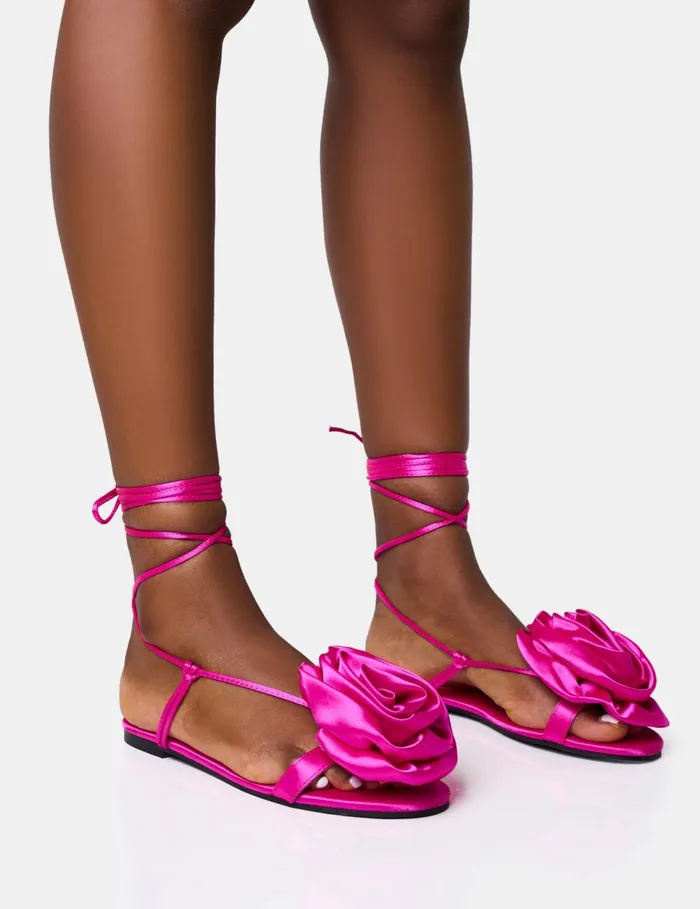 Women Magnolia Pink Flower Corsage Lace Up Flat Sandals Pink Public Desire Holiday Women Magnolia Pink Flower Corsage Lace Up Flat Sandals Pink Public Desire Holiday