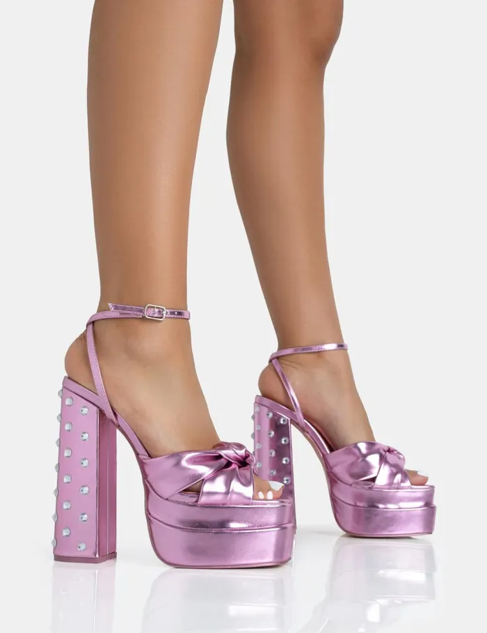 Women Magnum Pink Metallic PU Knot Strap Platform Diamante Block Heels Pink Public Desire Party Women Magnum Pink Metallic PU Knot Strap Platform Diamante Block Heels Pink Public Desire Party