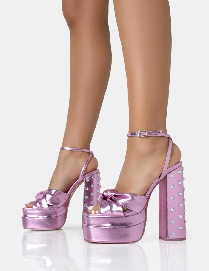 Women Magnum Pink Metallic PU Knot Strap Platform Diamante Block Heels Pink Public Desire Party
